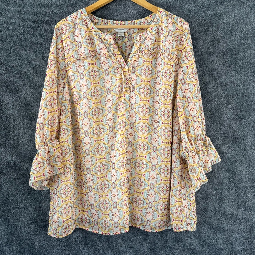 CJ Banks Womens Lined Printed 3/4 Sleeve Tunic Top Size 2X V Neck Office Career - Picture 1 of 7